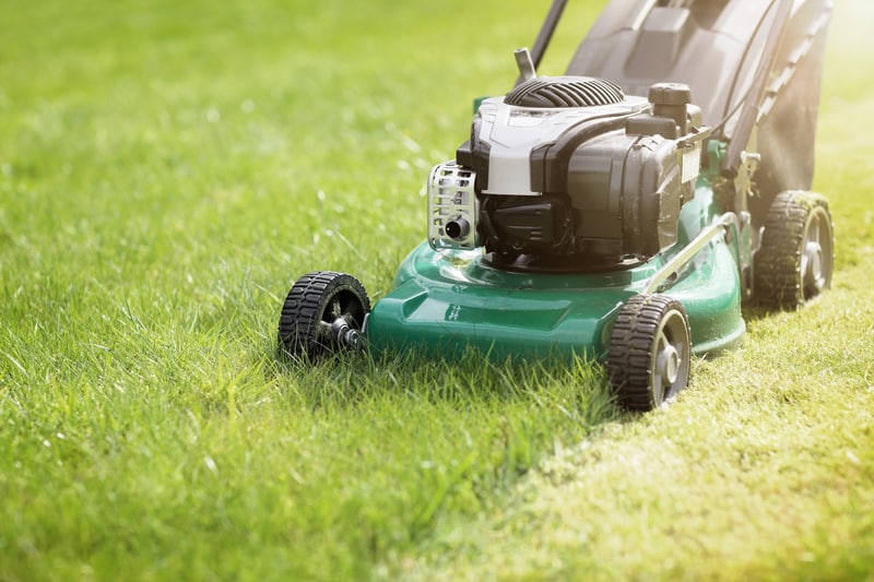 Mowing or cutting the long grass with a green lawn mower