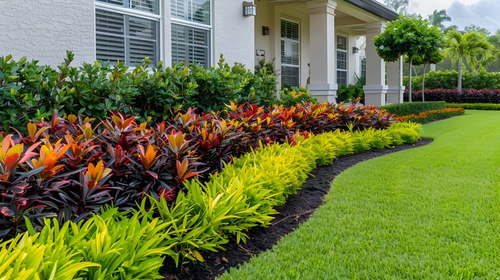 landscape with multicolored shrubs intersecting with bright green lawns
